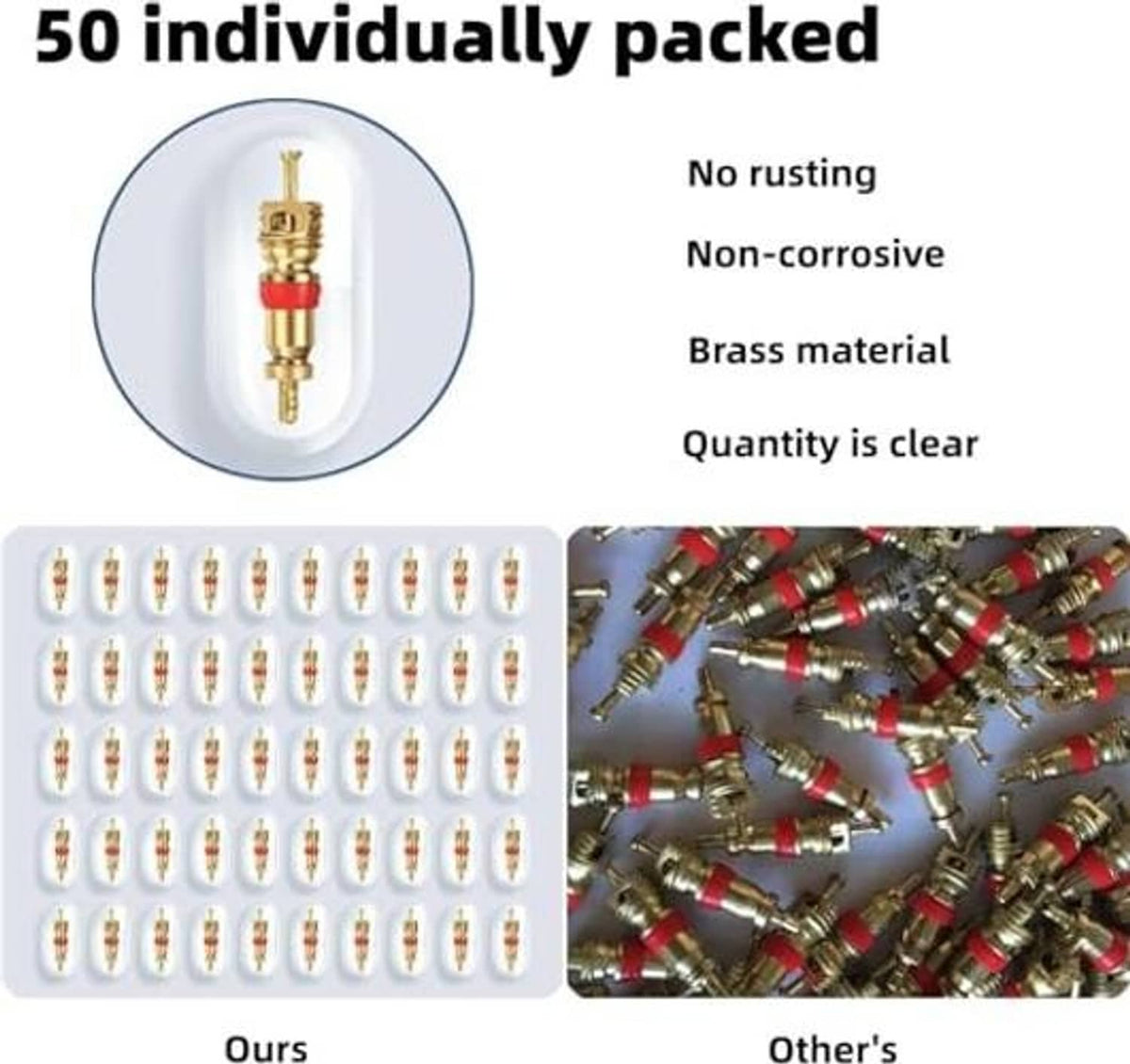Brass valve cores set, shown individually packed for valve stem replacement