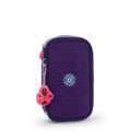 Purple Kipling pen/pencil case with front logo patch and zip, plus pink pom-pom charm
