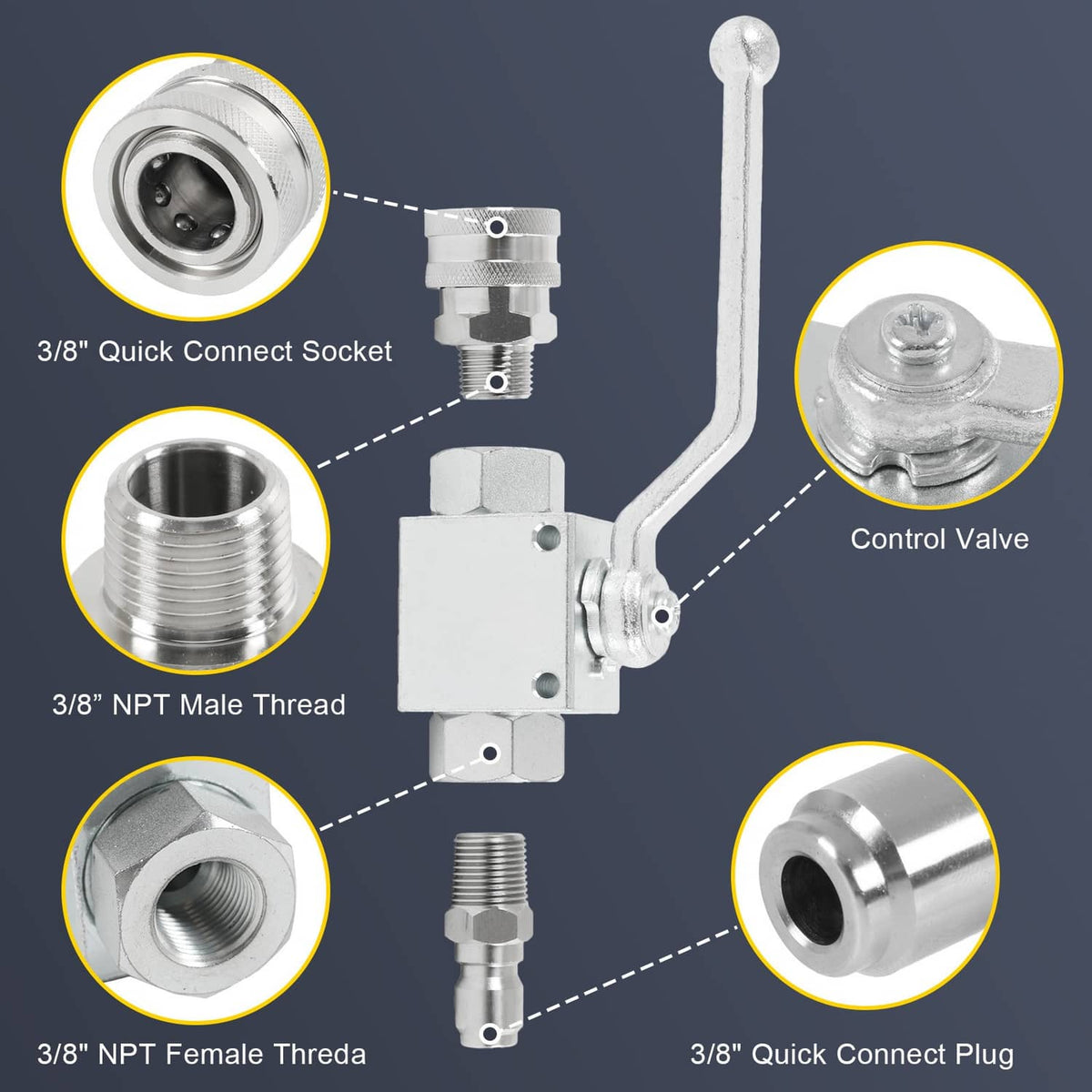 Ball valve with quick-connect plug and socket plus 3/8 in NPT male and female threads