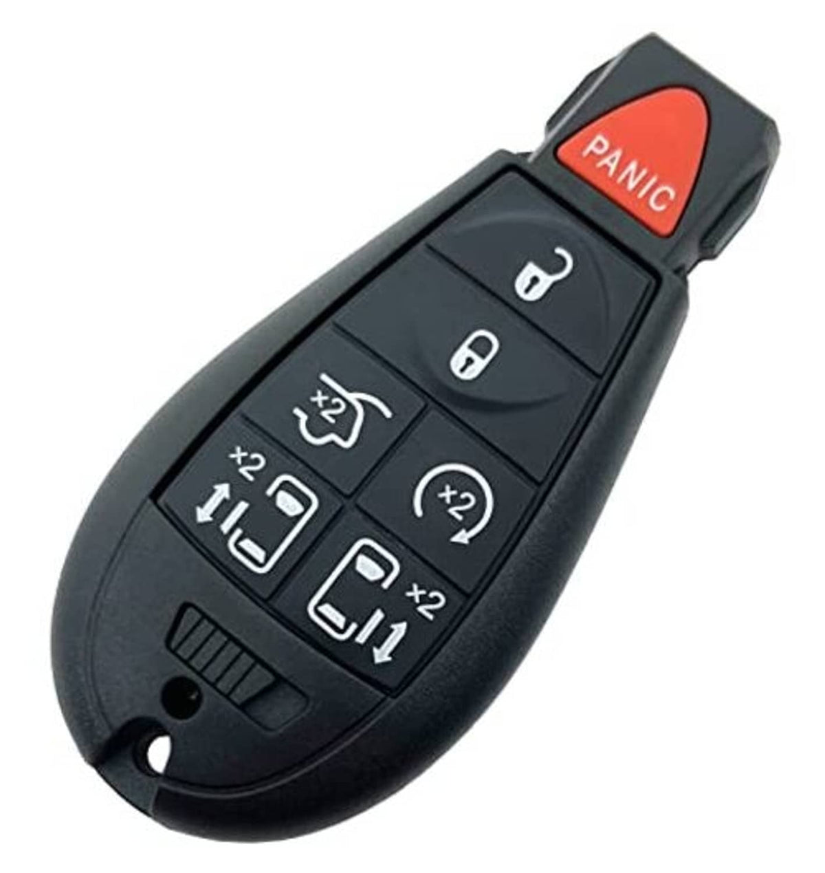 Black keyless remote fob with red PANIC button and keypad-style button layout