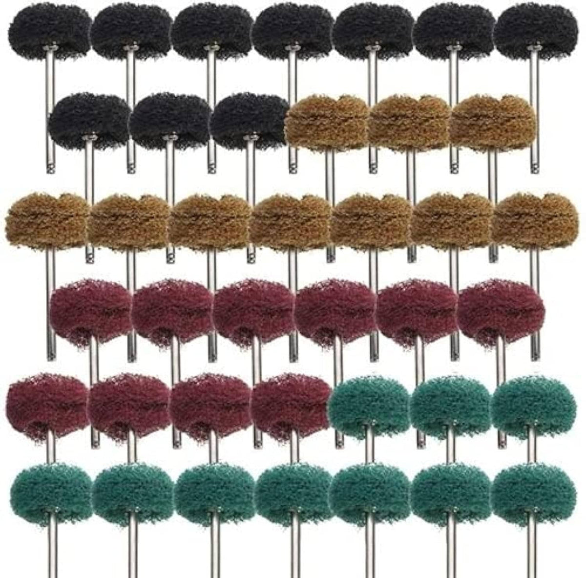 Mounted abrasive buffing wheels set on metal shafts; black, brown, red, and green heads.