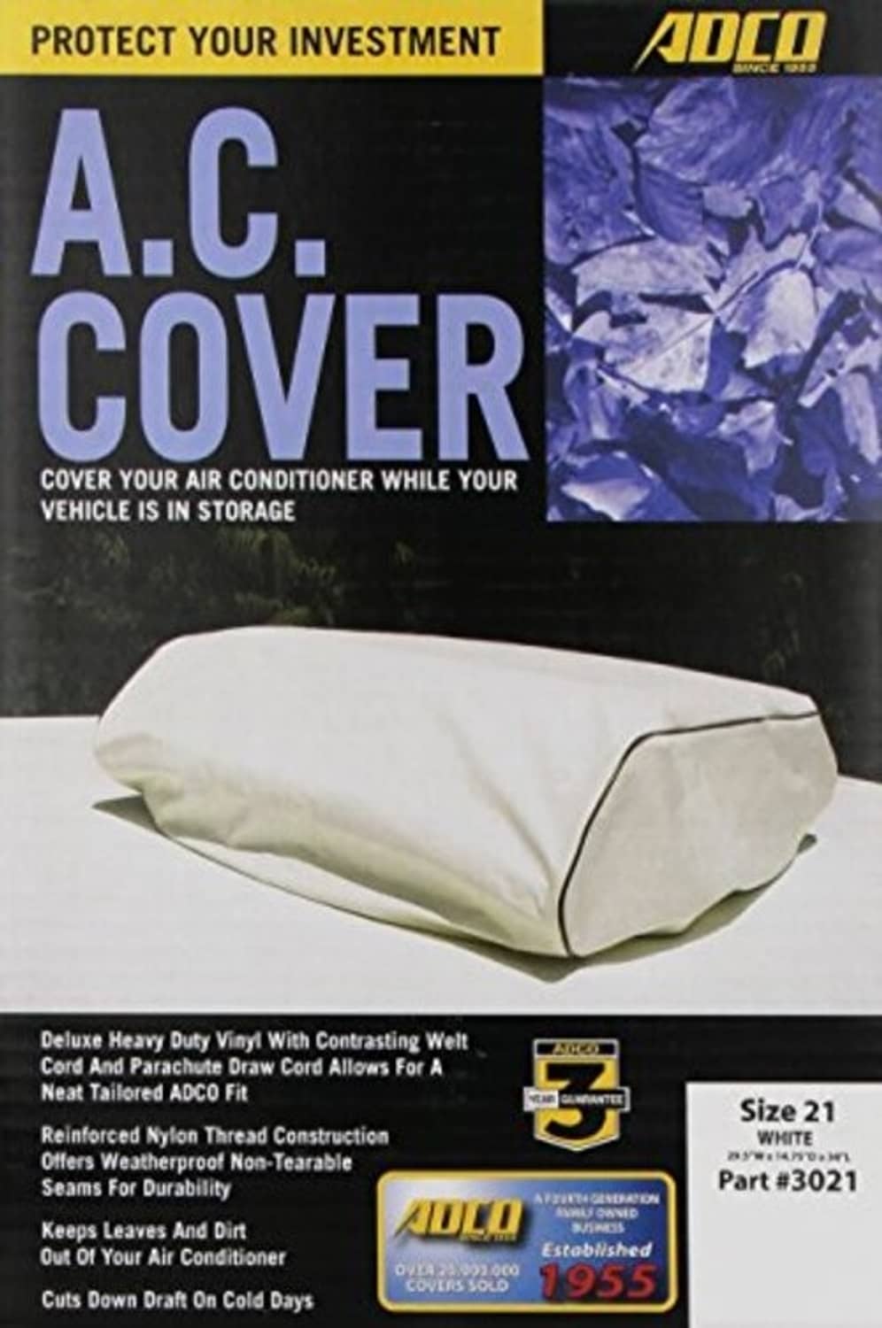 RV air conditioner cover for storage, white with dark gray top panel, padded