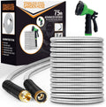 75 ft stainless steel garden hose with green spray nozzle and black connector ends