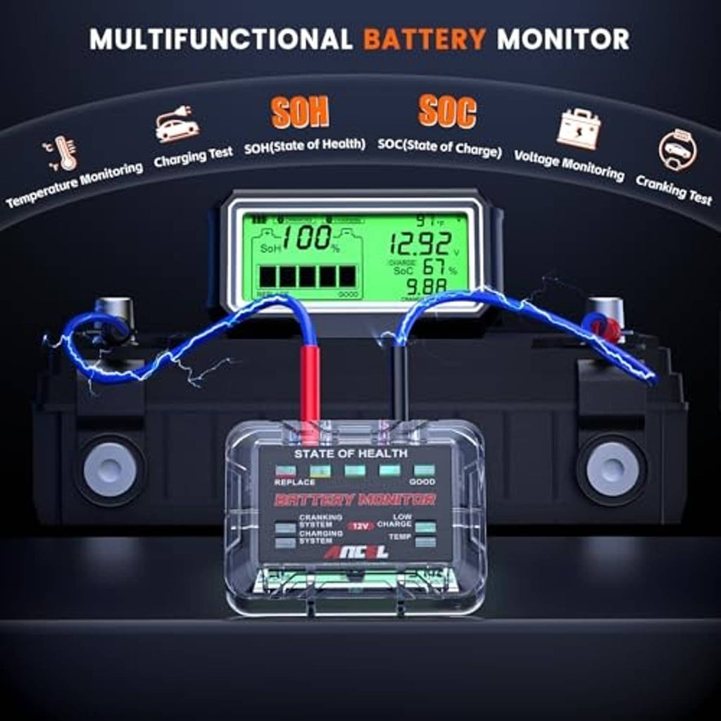 Car battery monitor system with LCD and battery test readings on screen