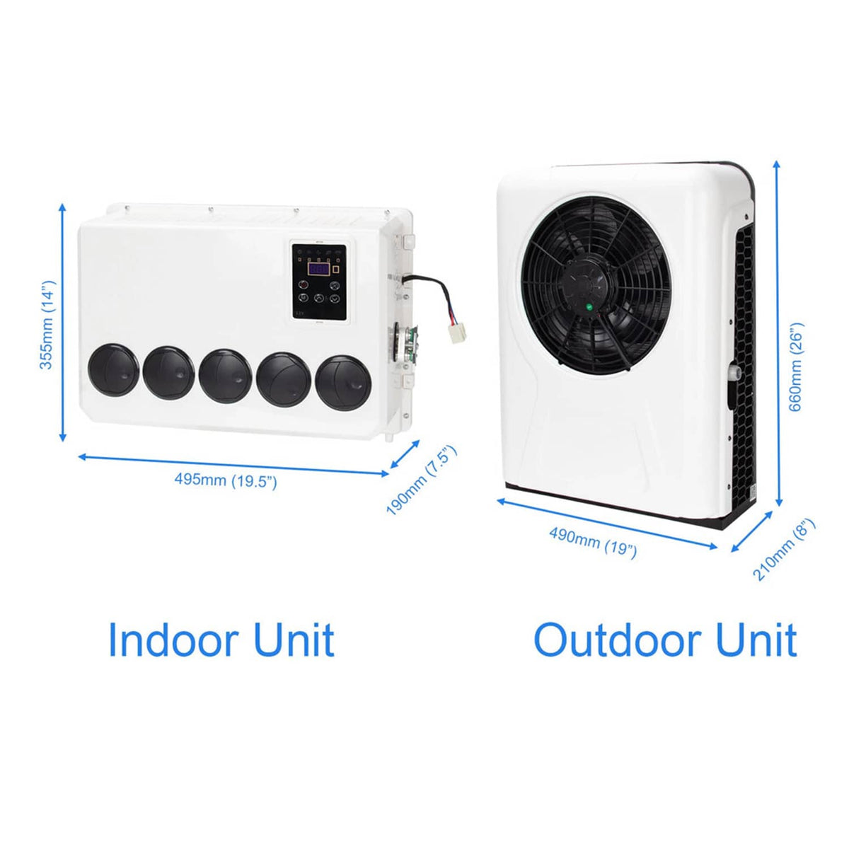 Split truck AC system: white indoor control panel and white outdoor fan unit