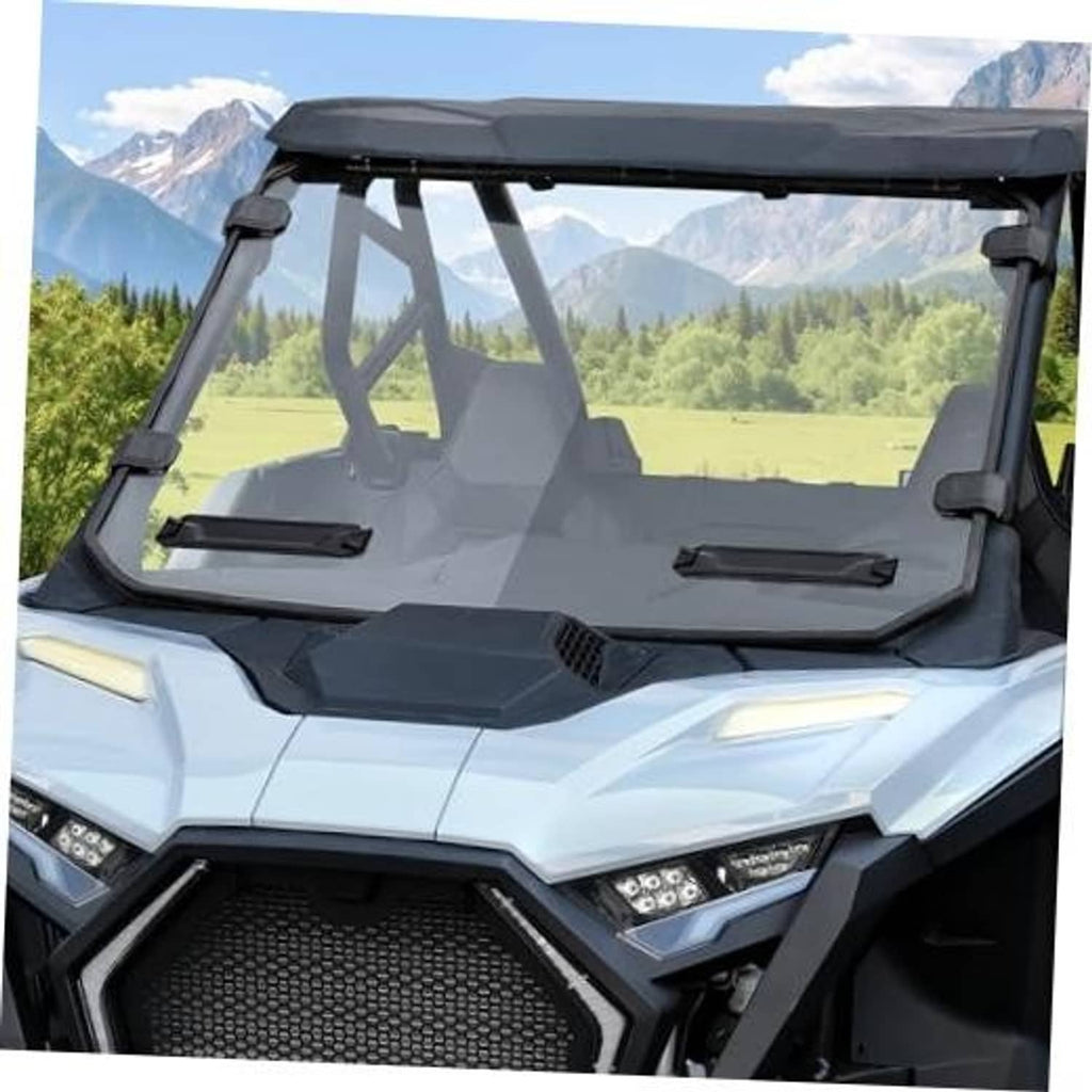 Front clear windshield with black mounting brackets for off-road UTV cab