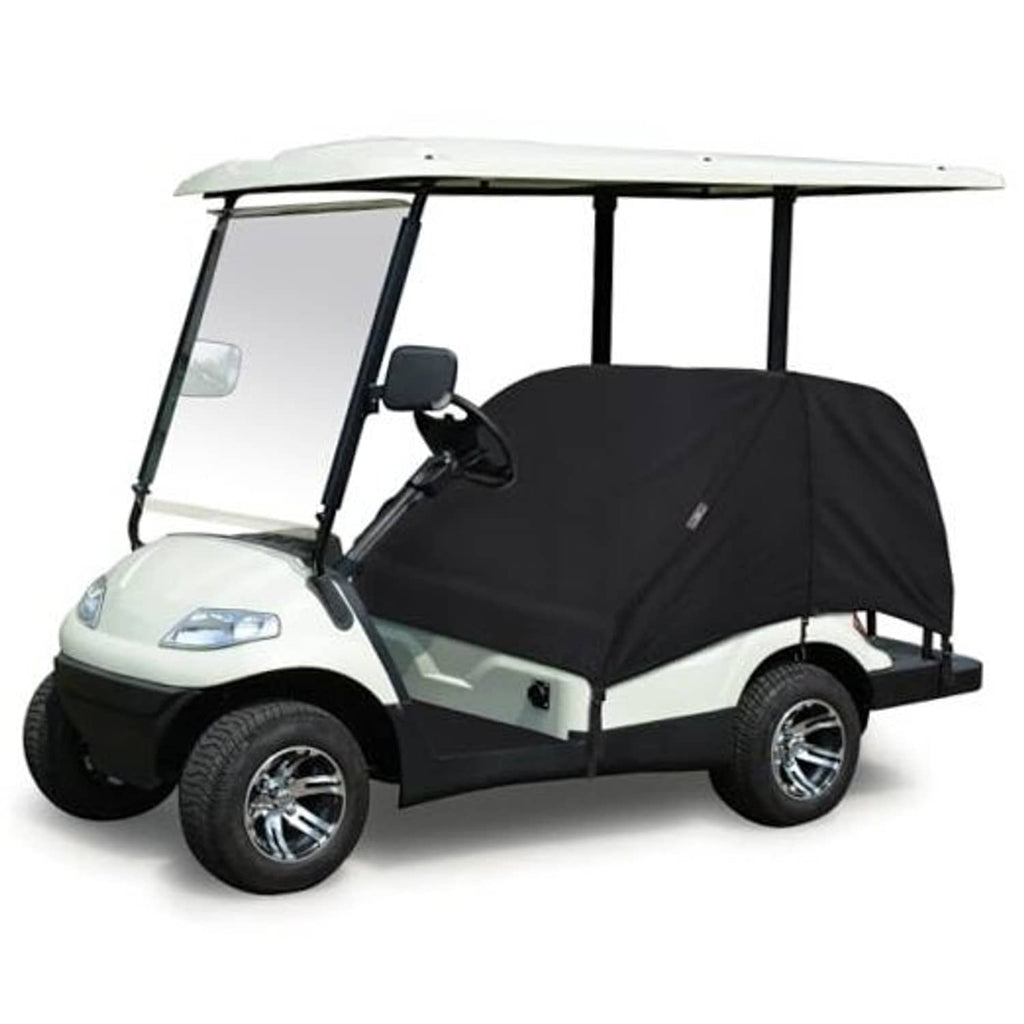 Black golf cart seat cover fitted over the front seats on a 2+2 cart