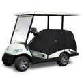 Black golf cart seat cover fitted over the front seats on a 2+2 cart