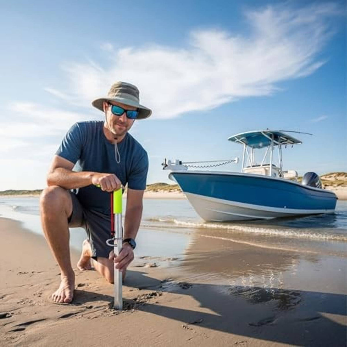 Sand spike boat anchor with neon green handle and silver pole in beach sand.