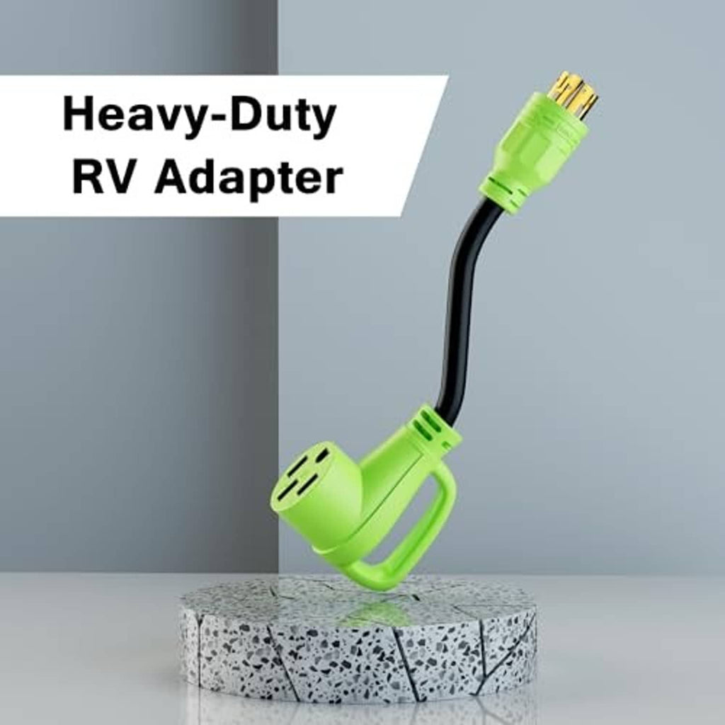 Heavy-duty RV adapter cord with green plugs and black cable, angled connection