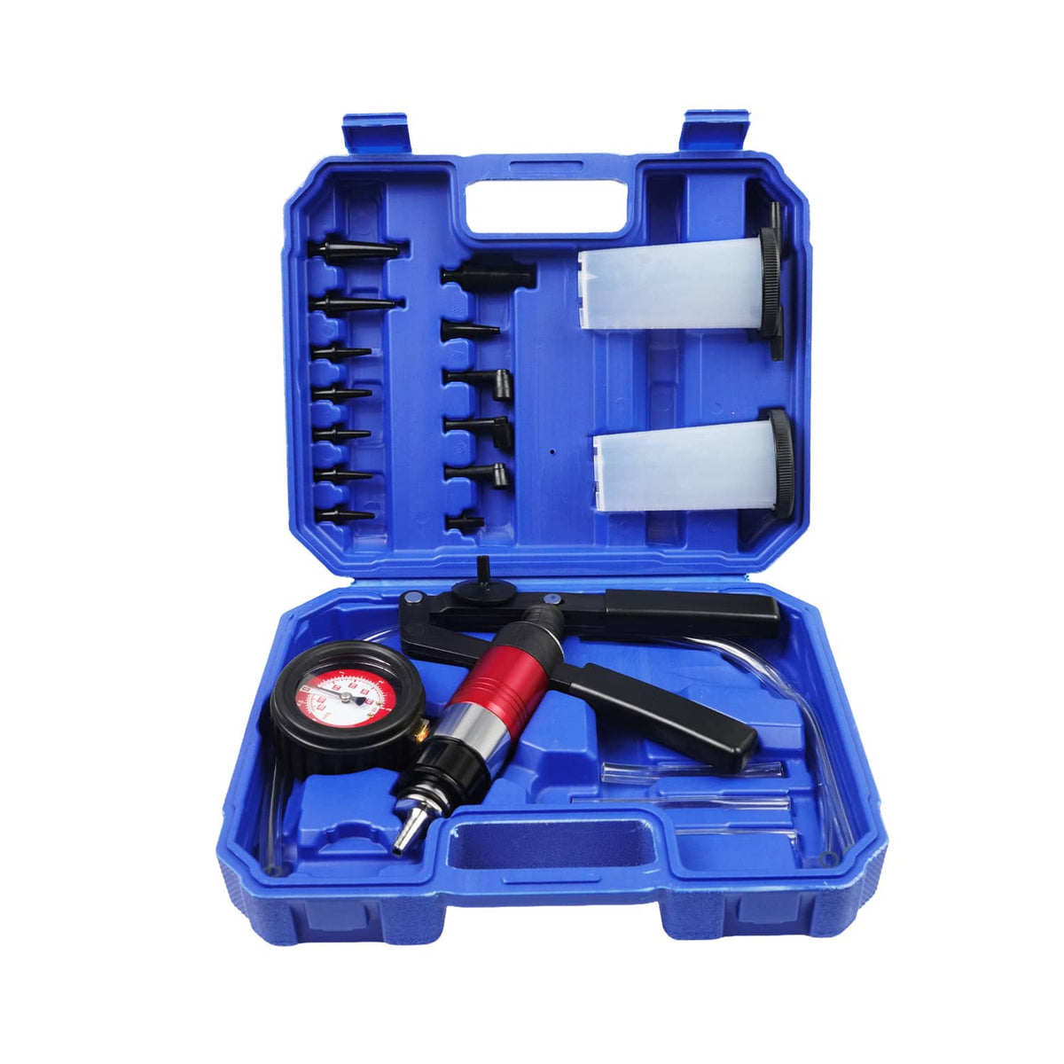 Brake fluid vacuum pressure pump tester kit in blue case with gauge and connectors