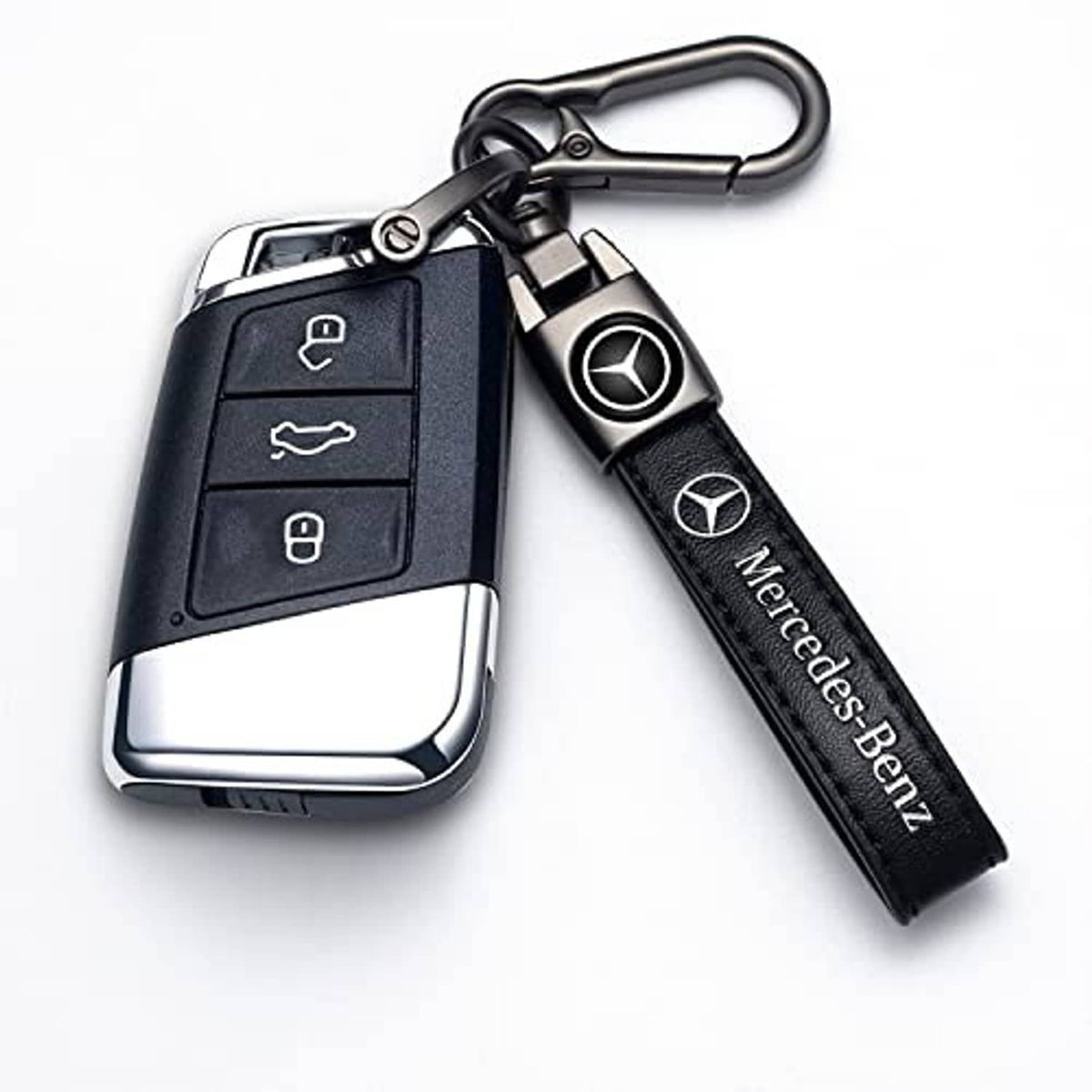 Mercedes car key fob with button icons and black Mercedes-Benz keychain strap