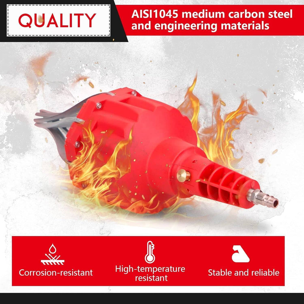 Red pneumatic CV joint boot expander tool shown with metal claws and air hose connector
