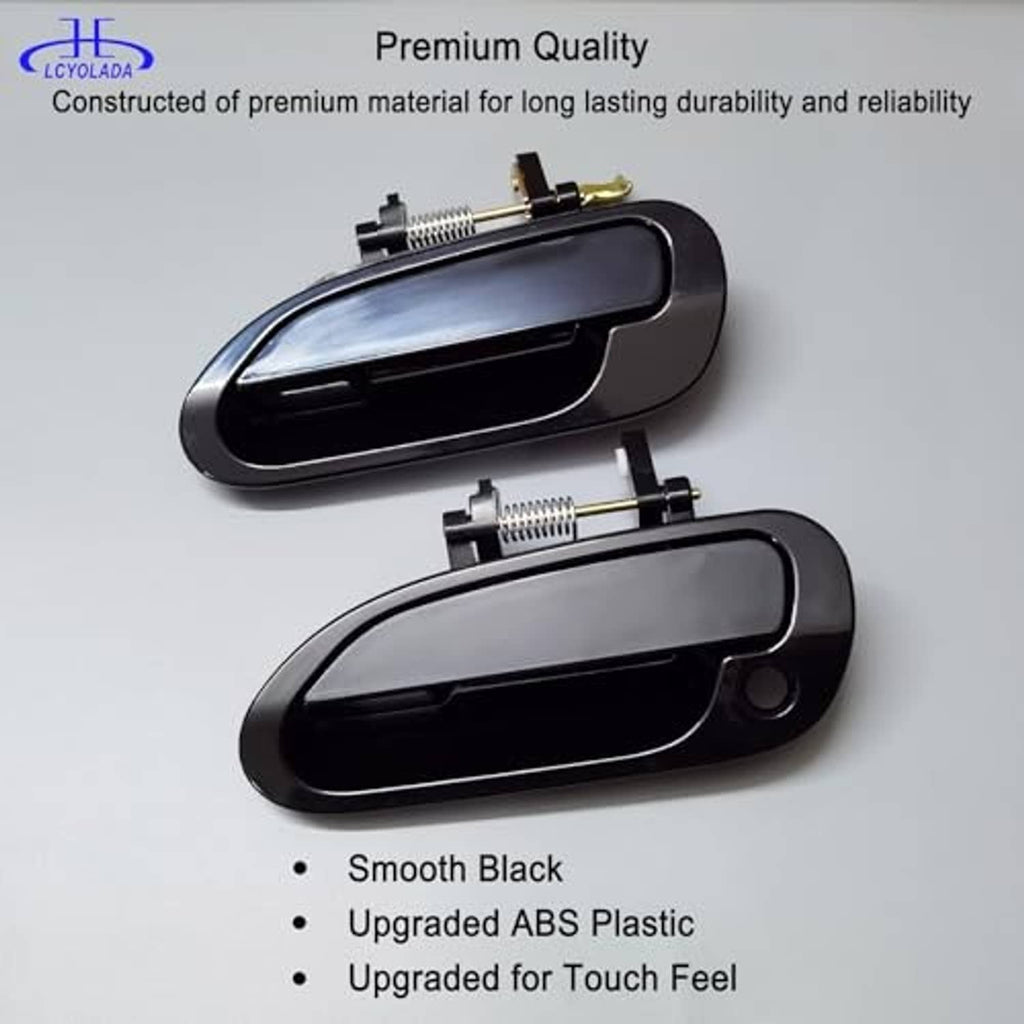 Pair of black exterior door handles with smooth curved bezel and metal mounts