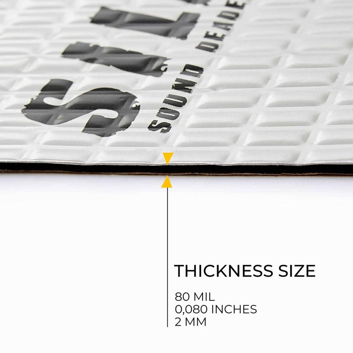 Car sound deadening mat edge thickness callout: 80 mil (2 mm)