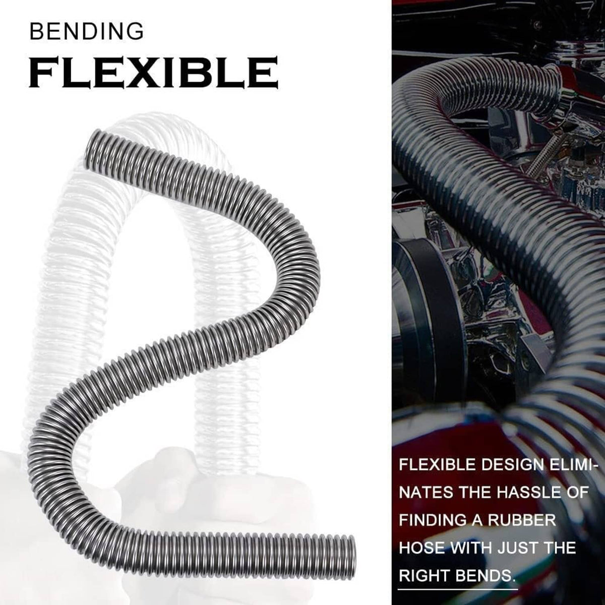 Flexible stainless steel radiator hose with chrome caps, shown in a bent U-shape