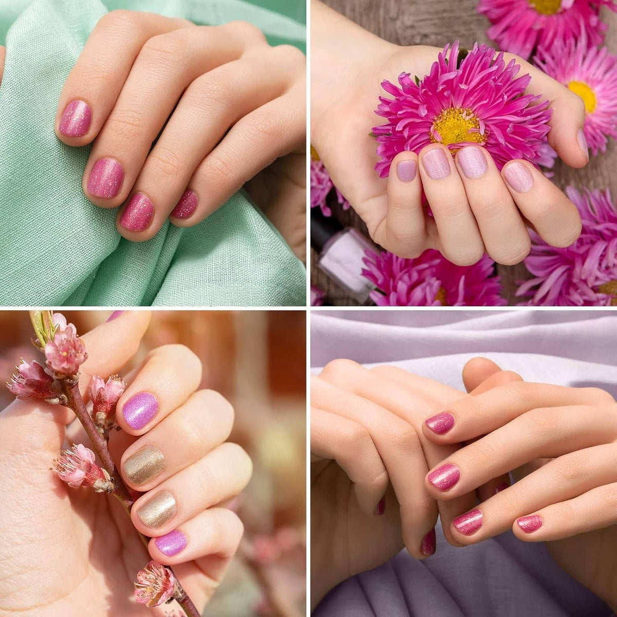 Glitter nail designs on hands with pink and purple shimmer accents
