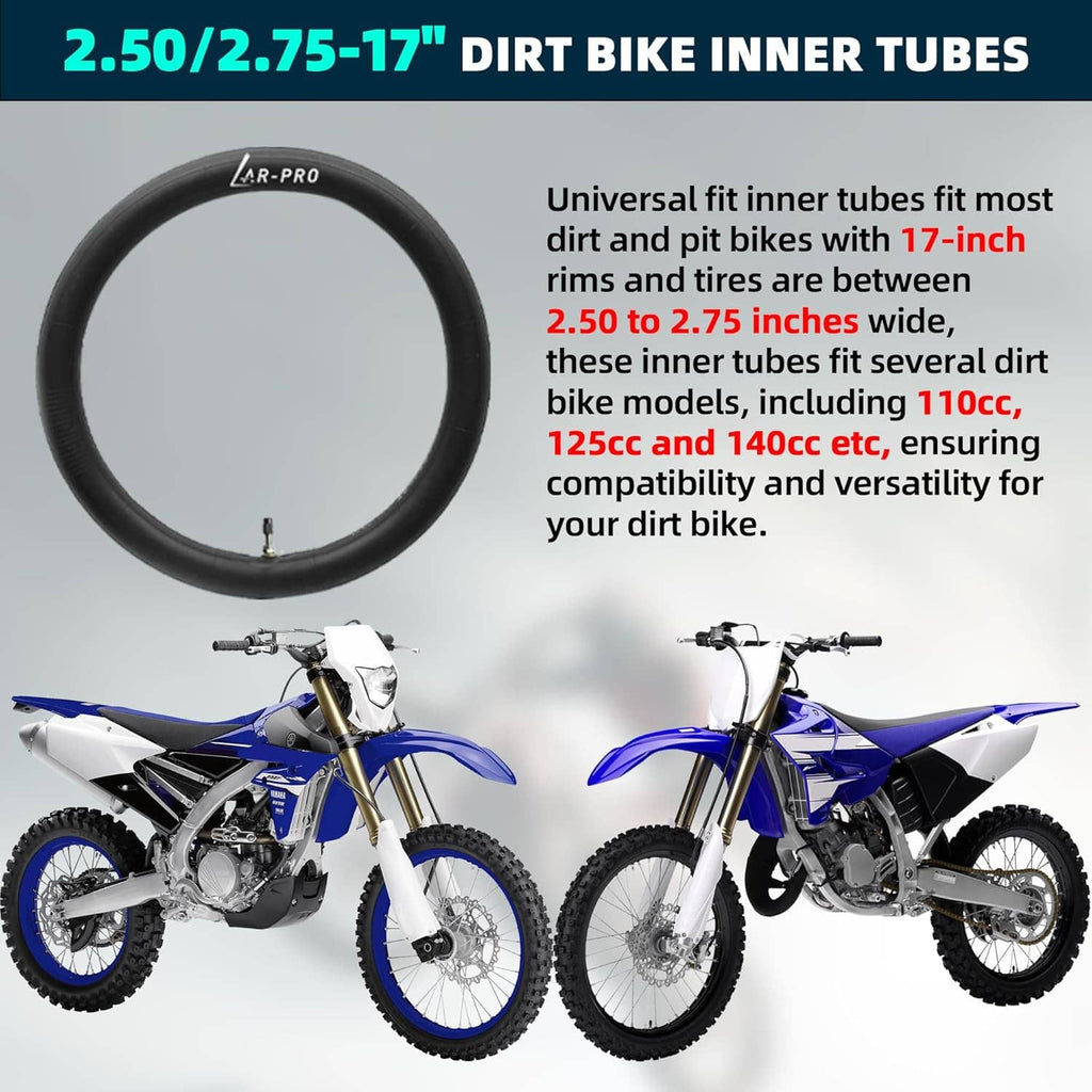Dirt bike inner tube fitment shown for 2.50–2.75 and 17-inch tires