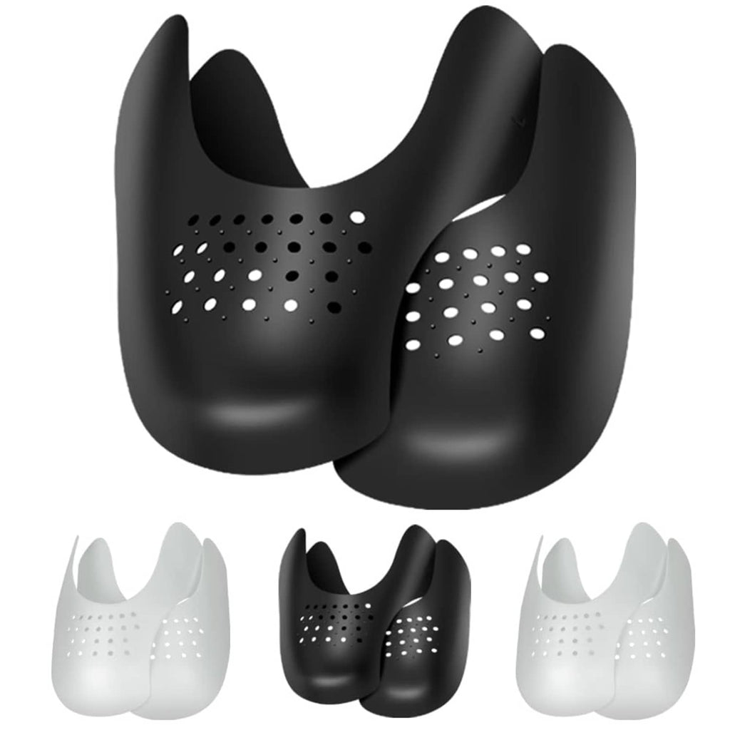 Black shoe crease protectors, pair with curved shape and vent holes for sneakers.