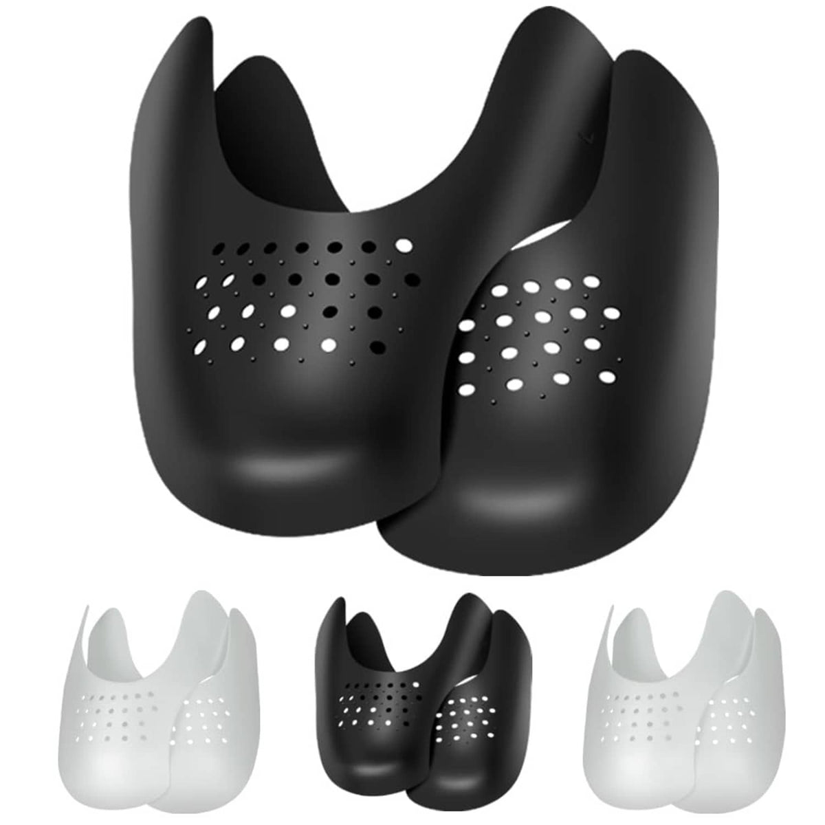 Black shoe crease protectors, pair with curved shape and vent holes for sneakers.