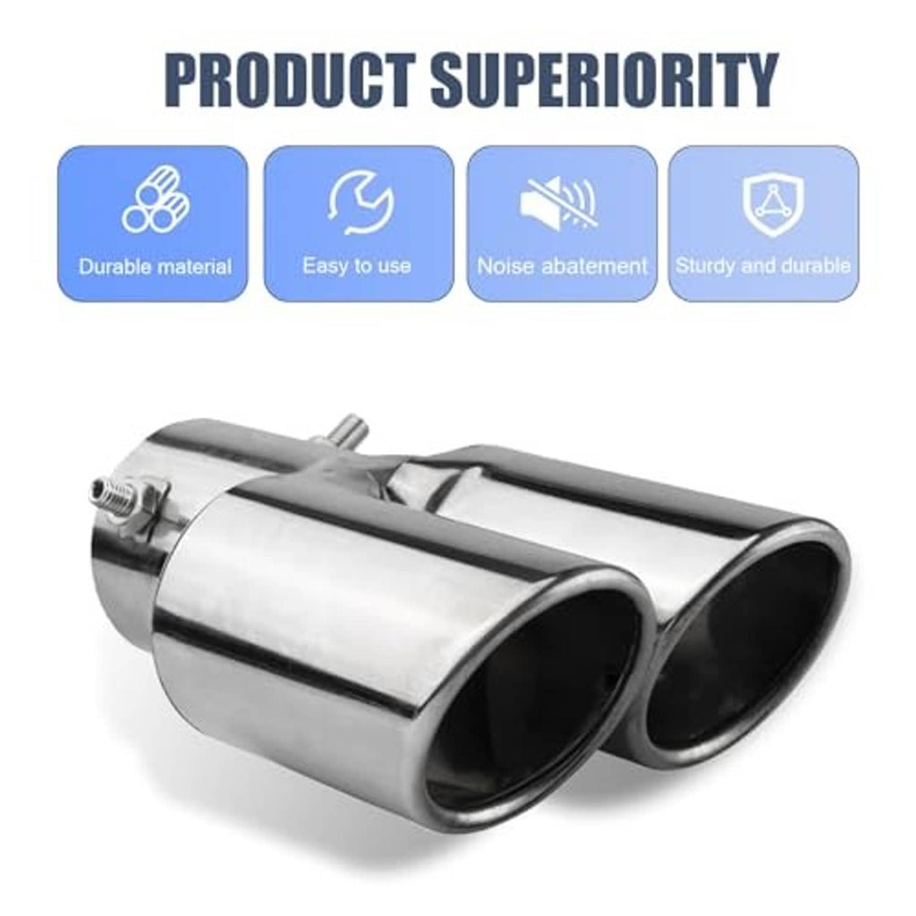 Silver stainless steel dual-outlet straight exhaust tip with two round, dark inner openings