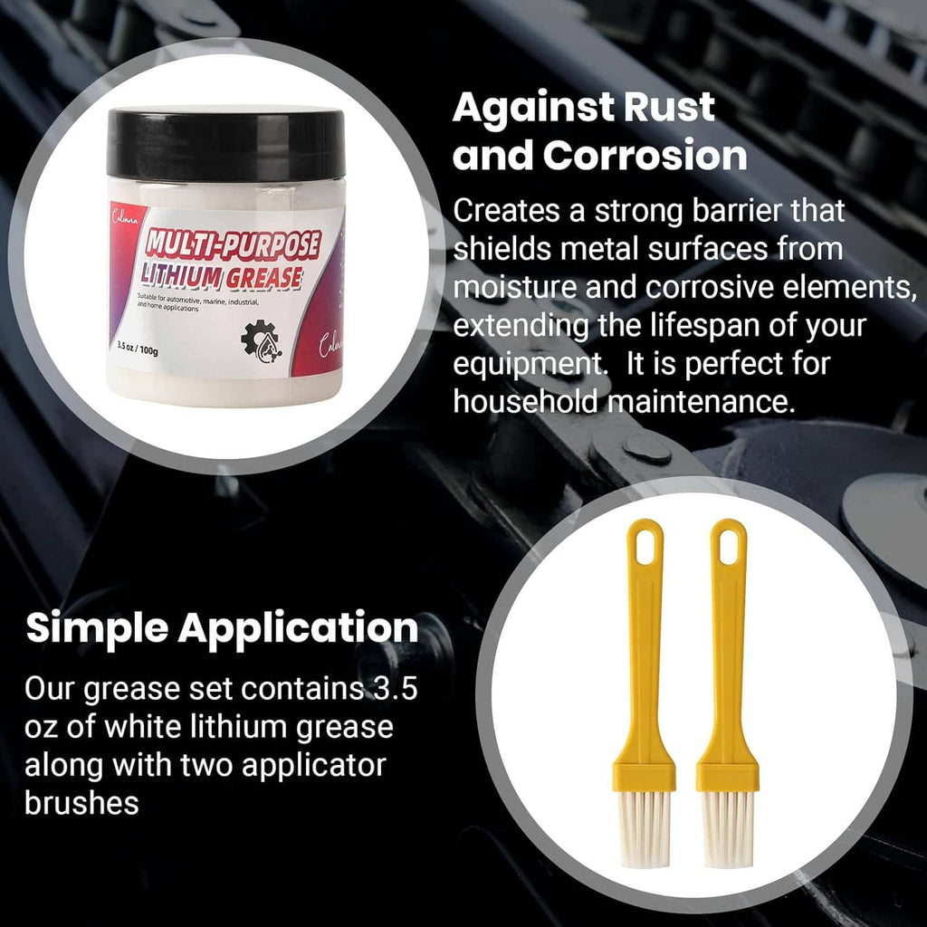 White lithium grease jar with two yellow applicator brushes for rust and corrosion protection