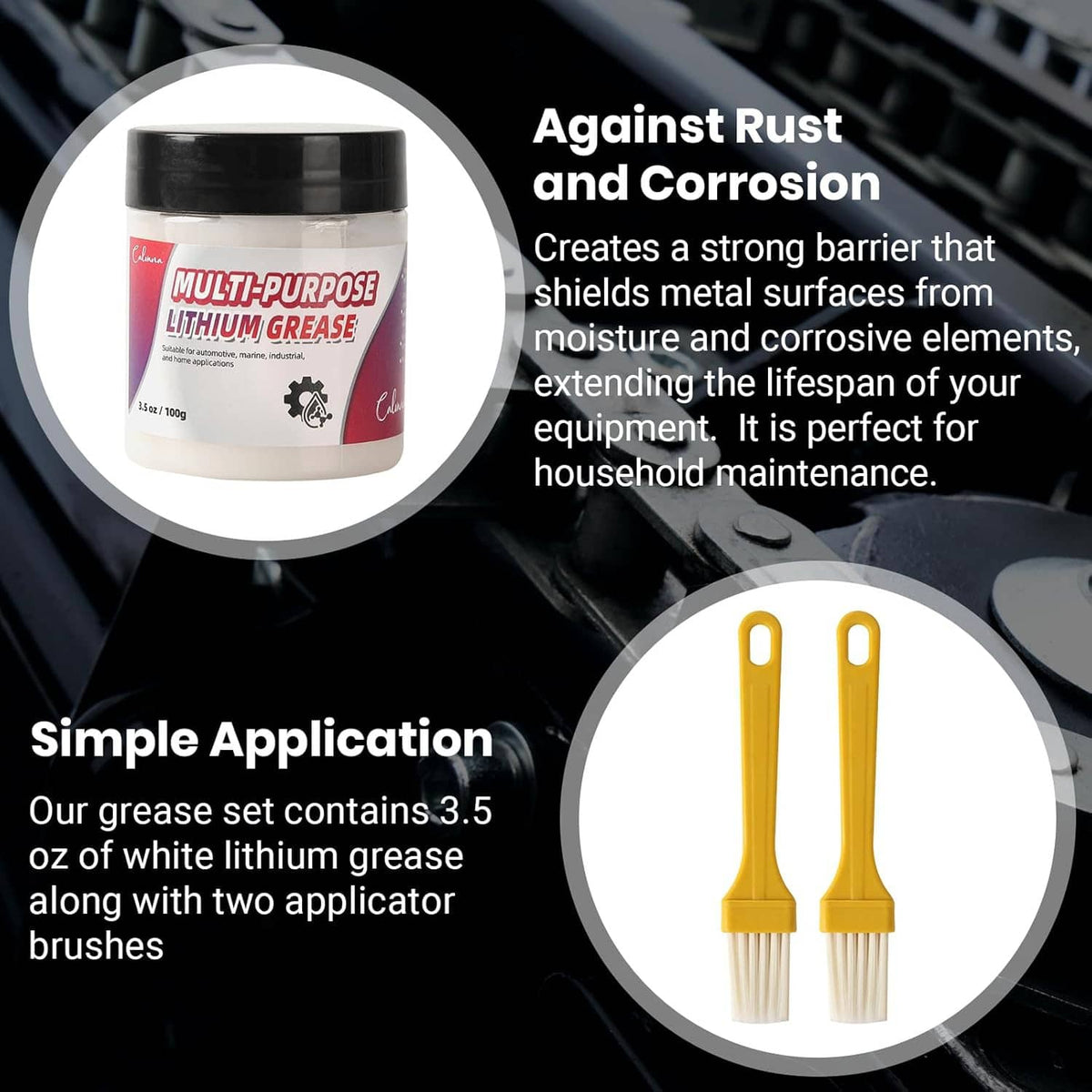 White lithium grease jar with two yellow applicator brushes for rust and corrosion protection