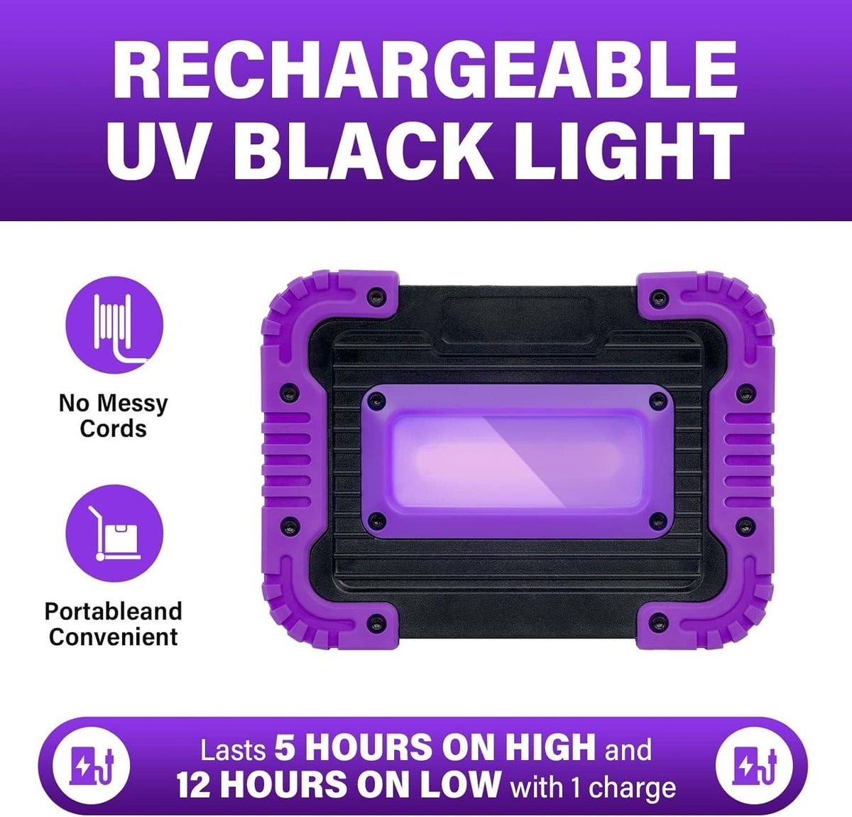 Rechargeable UV black light with purple housing, built-in UV window, and handle