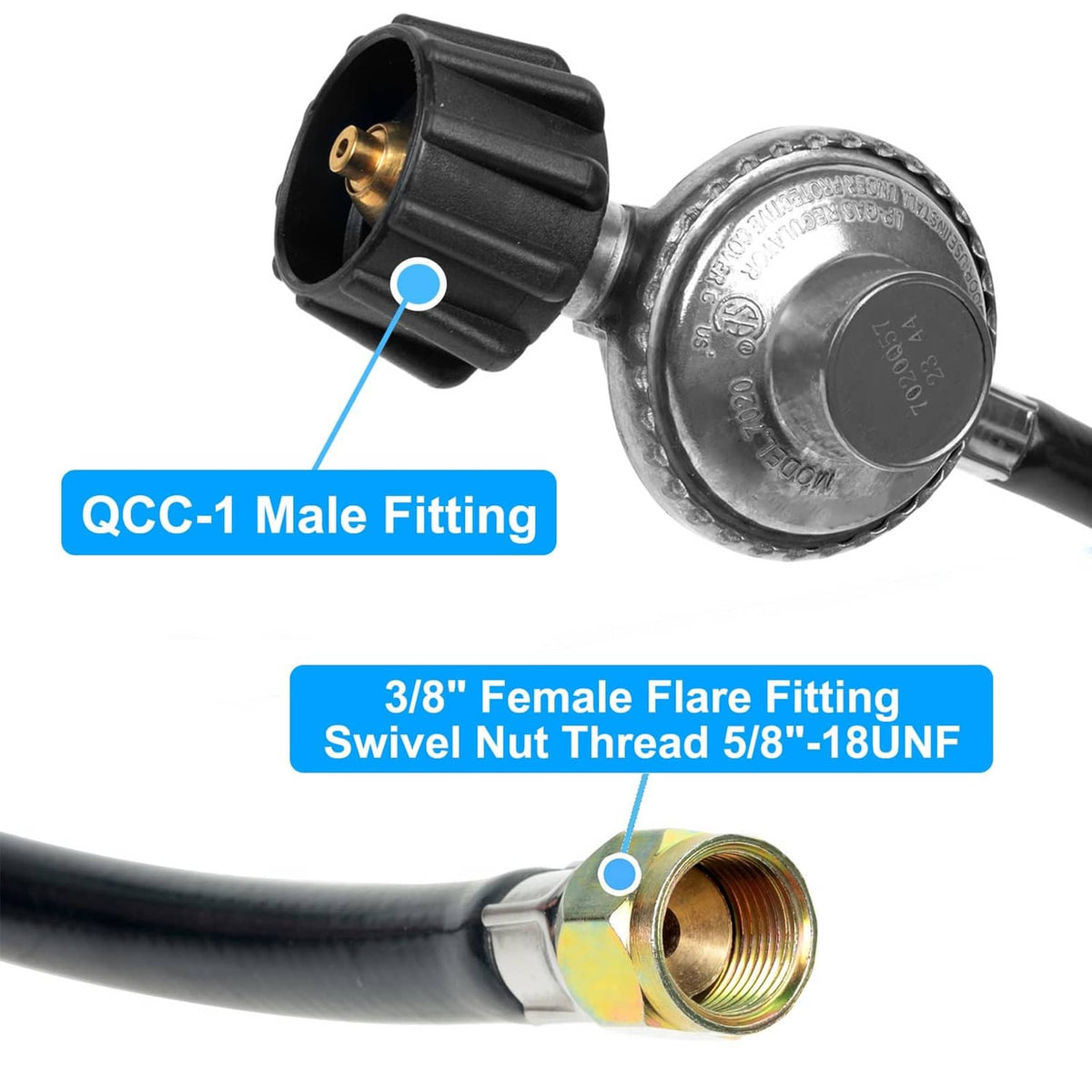 Propane gas regulator hose with QCC-1 male fitting and flare 3/8" female nut thread