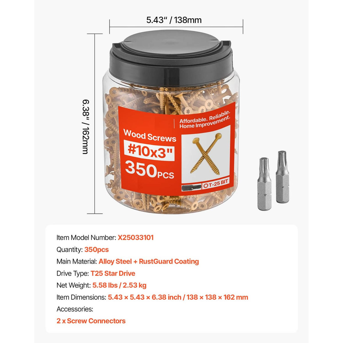 Jar of #10x3 wood screws, 350 pcs, shown with size measurements