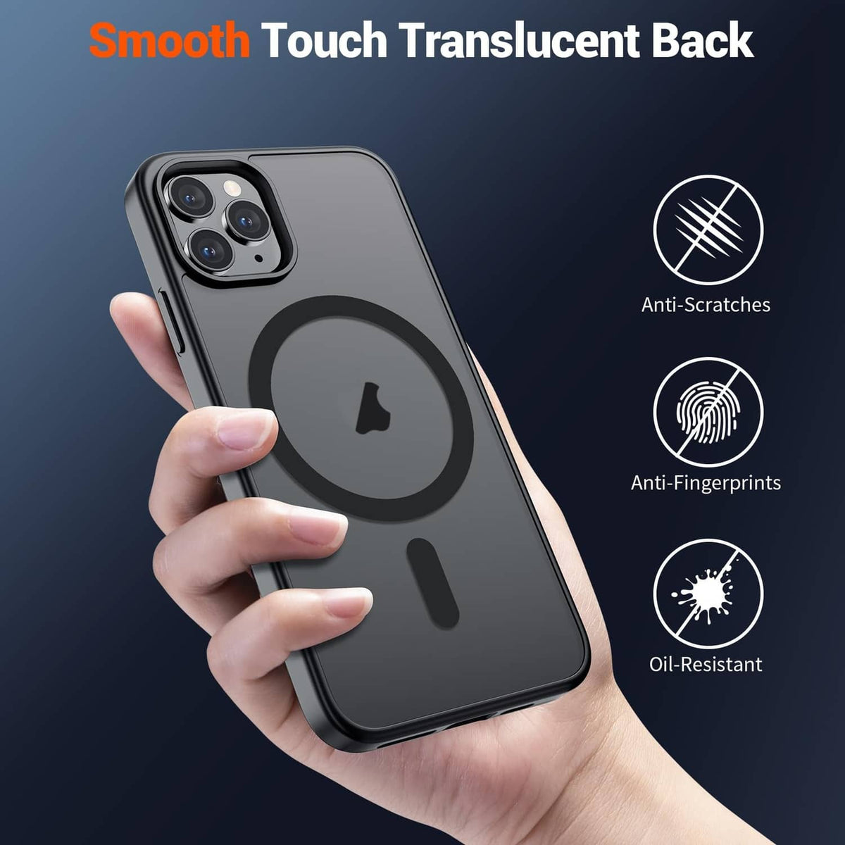 Black translucent-back magnetic phone case with circular magnet ring and smooth finish