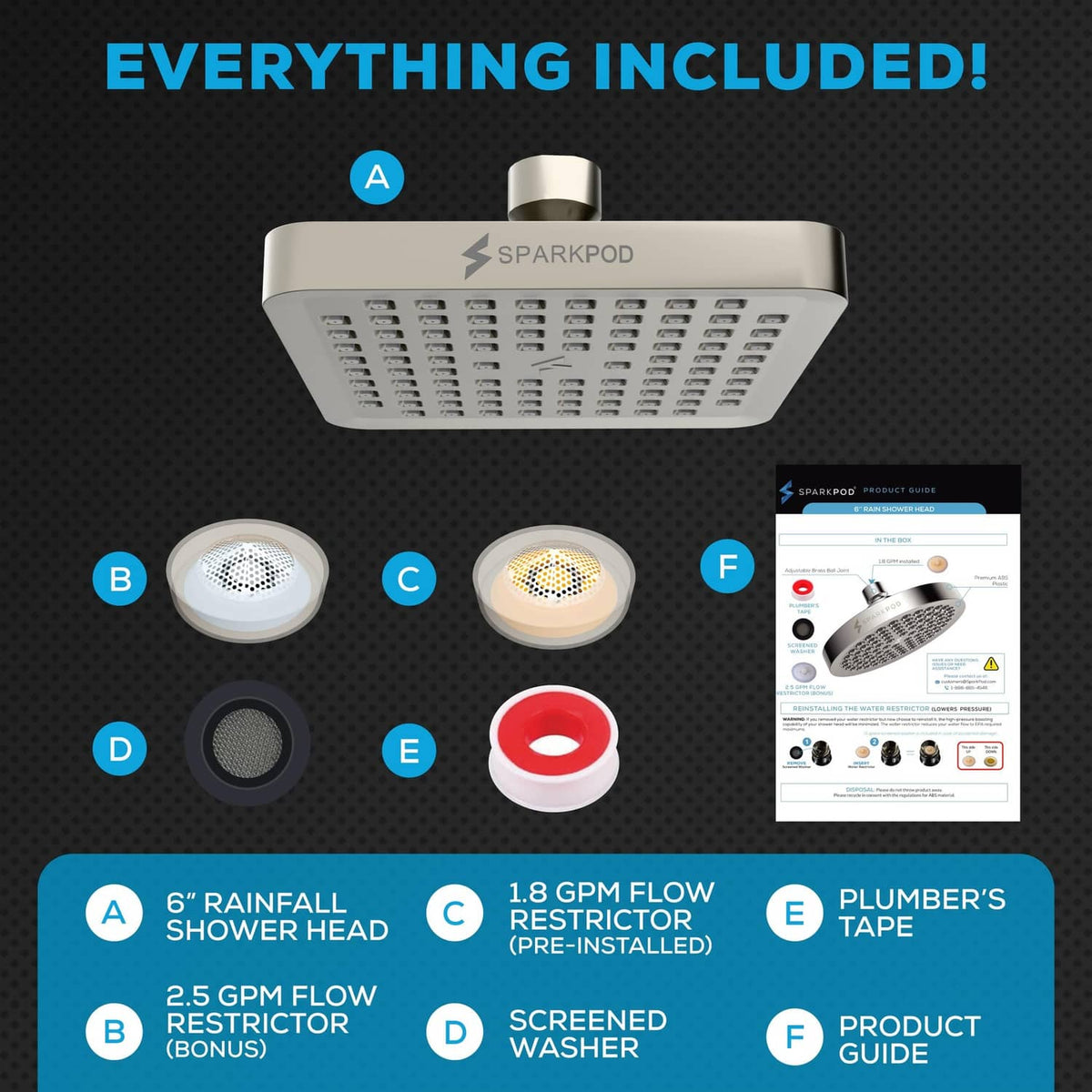 6-inch square rain shower head kit with flow restrictor and plumber’s tape