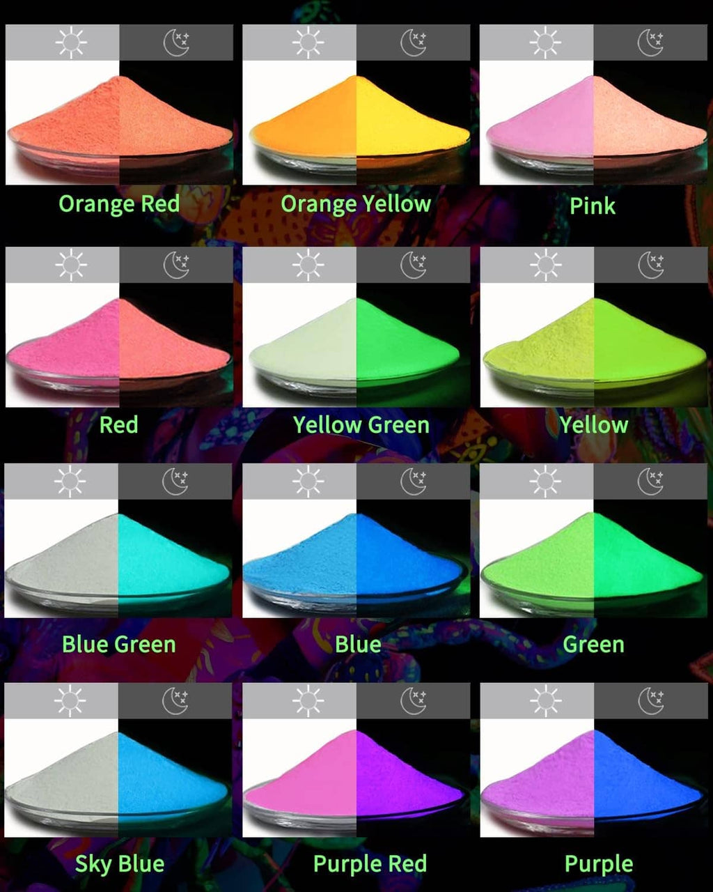 12 glow pigment color swatches: orange red, red, yellow, blue, green, purple