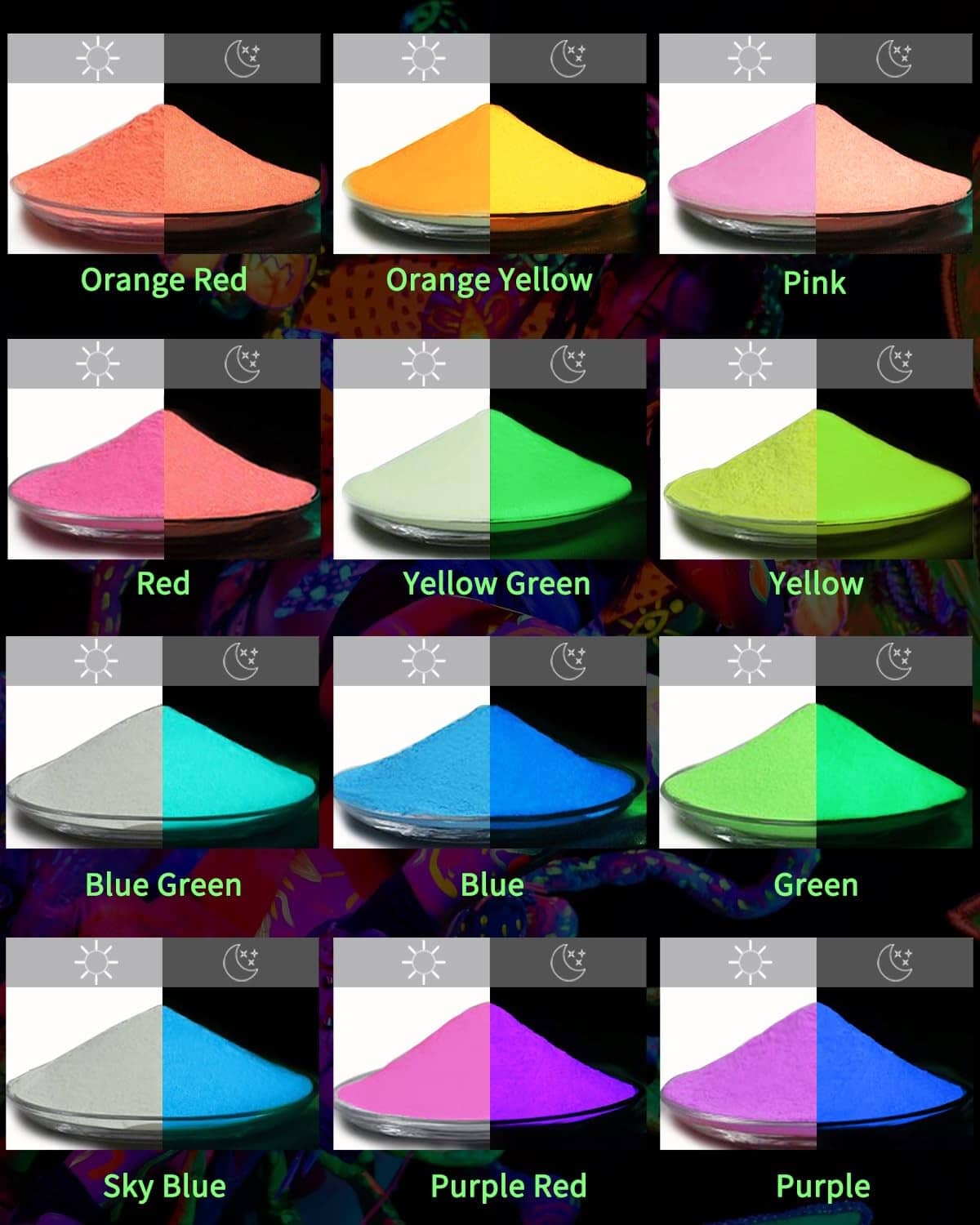12 glow pigment color swatches: orange red, red, yellow, blue, green, purple