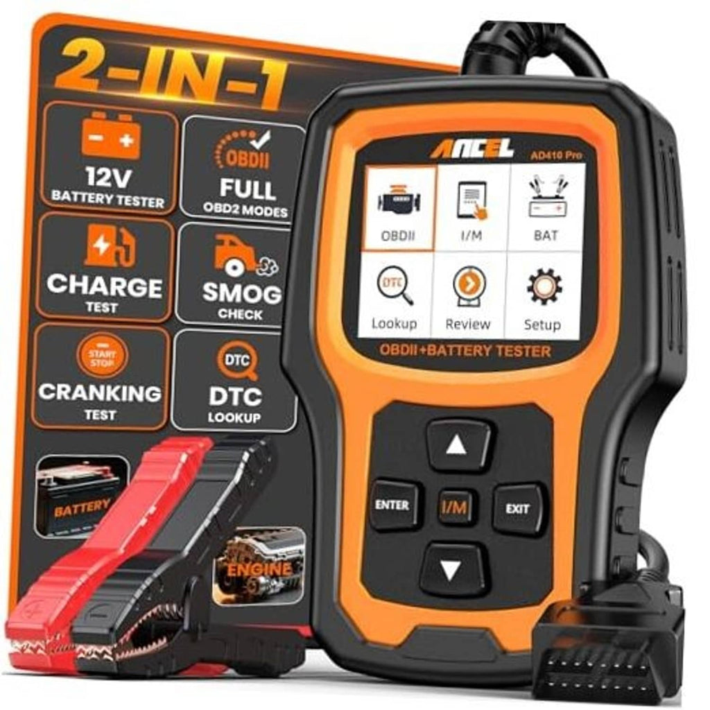 Handheld orange and black OBD2 scanner with battery tester, screen, buttons, and red clamp leads