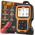 Handheld orange and black OBD2 scanner with battery tester, screen, buttons, and red clamp leads