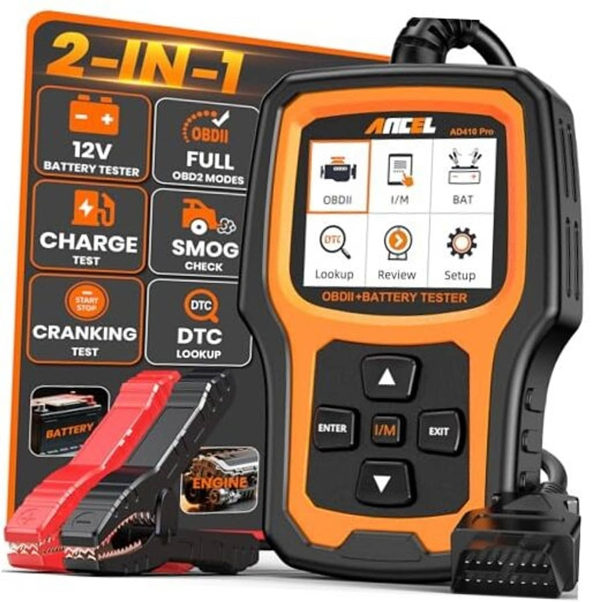 Handheld orange and black OBD2 scanner with battery tester, screen, buttons, and red clamp leads