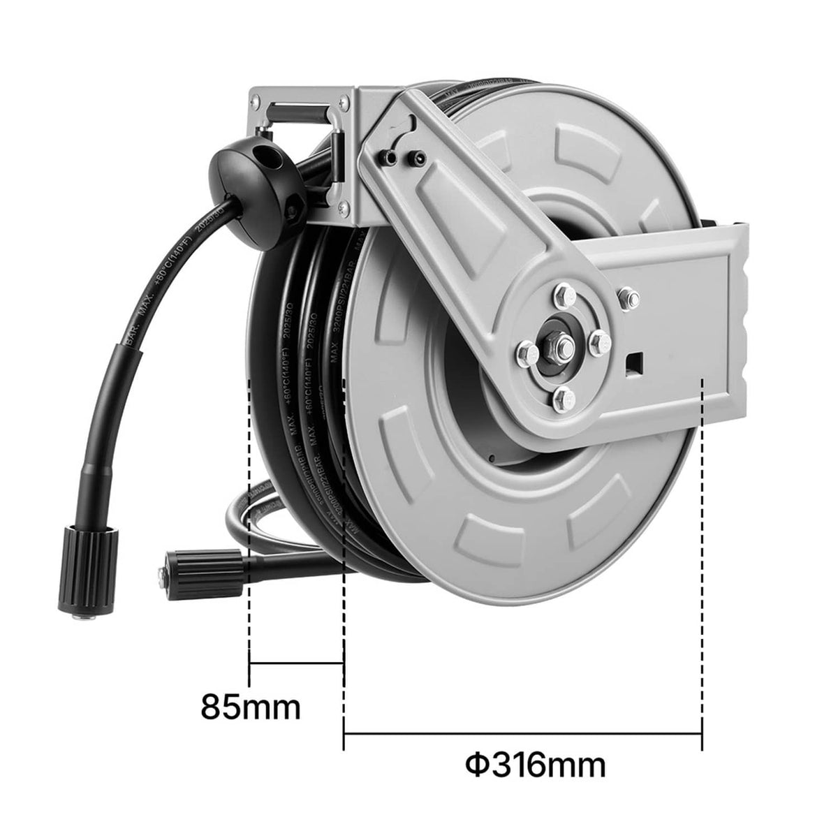 Retractable pressure washer hose reel side view with dimensions marked on product