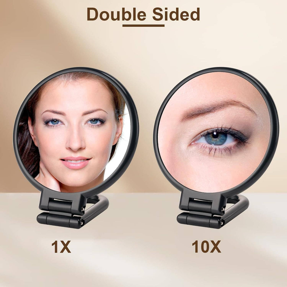 Double-sided magnifying handheld mirror with 1x and 10x round views on stands
