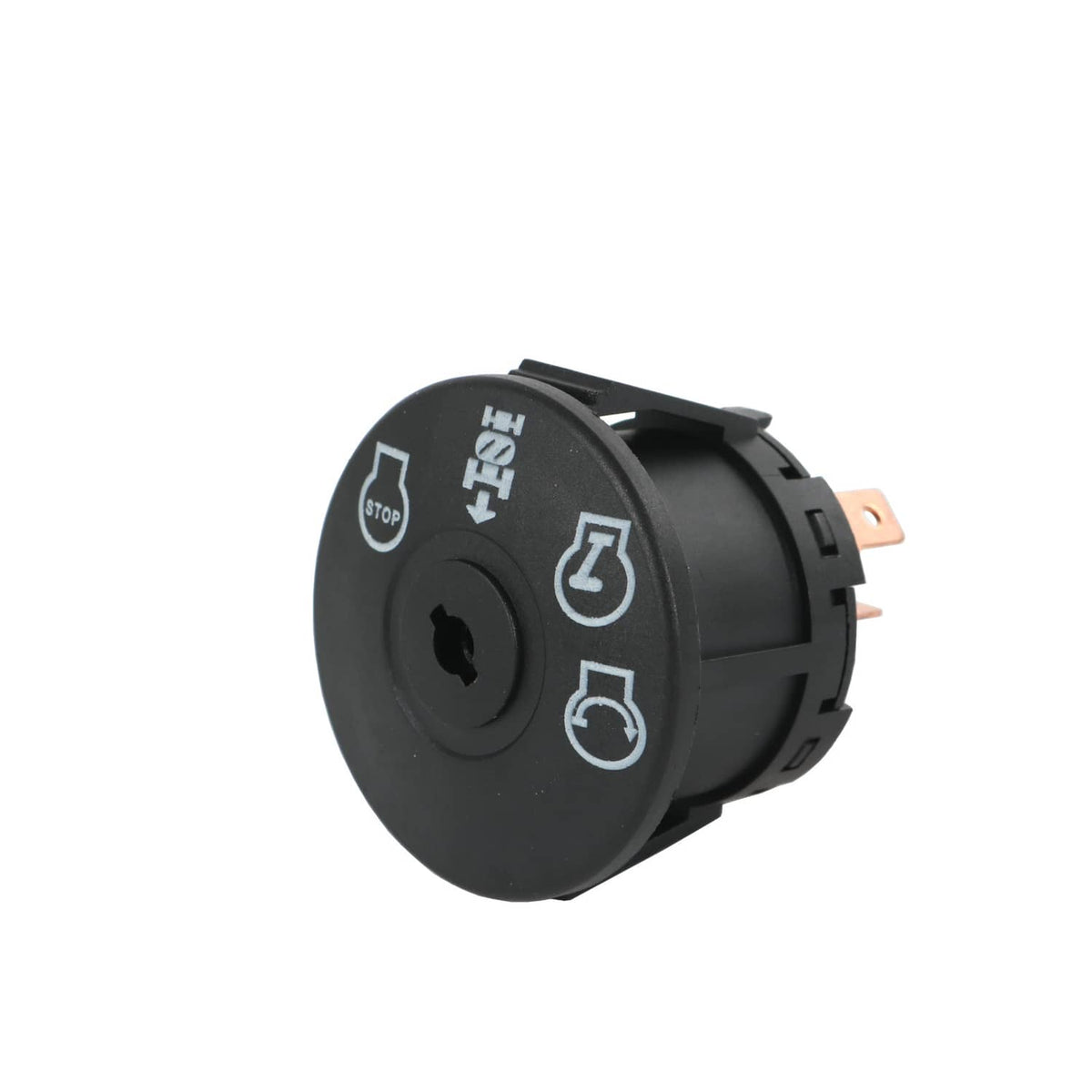 Black circular ignition switch starter with icon panel and side electrical tabs.