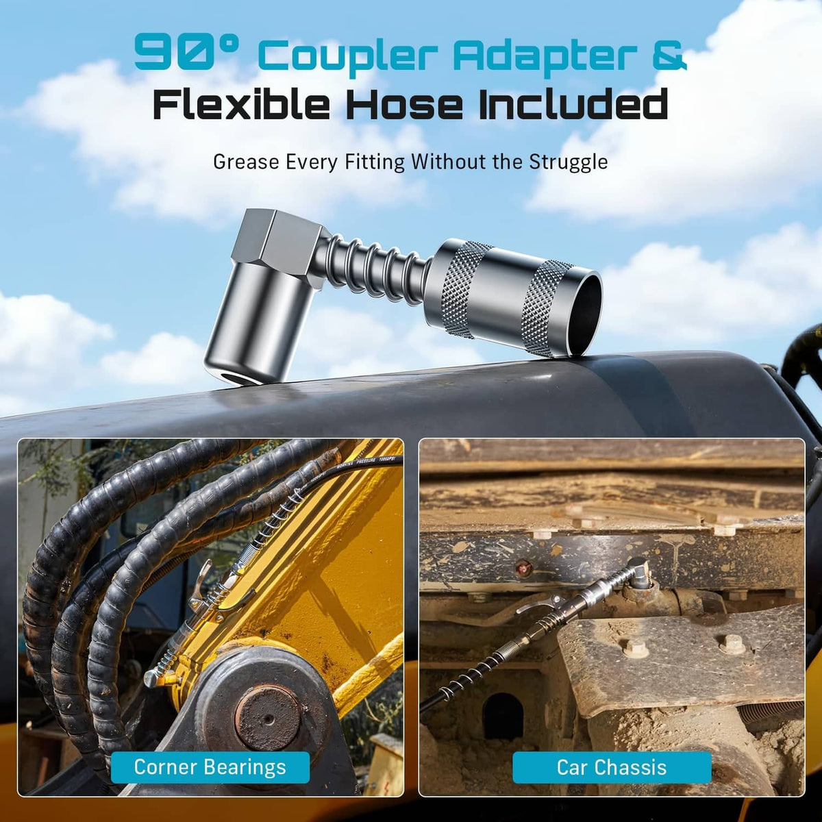 90-degree grease coupler adapter with textured flexible hose end fitting