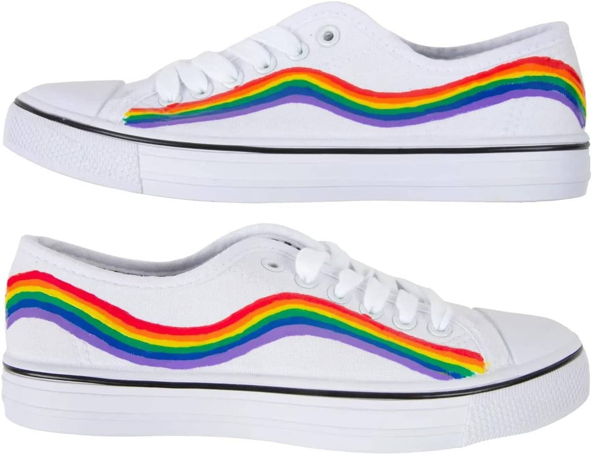White sneakers with rainbow puff paint wave design across the side