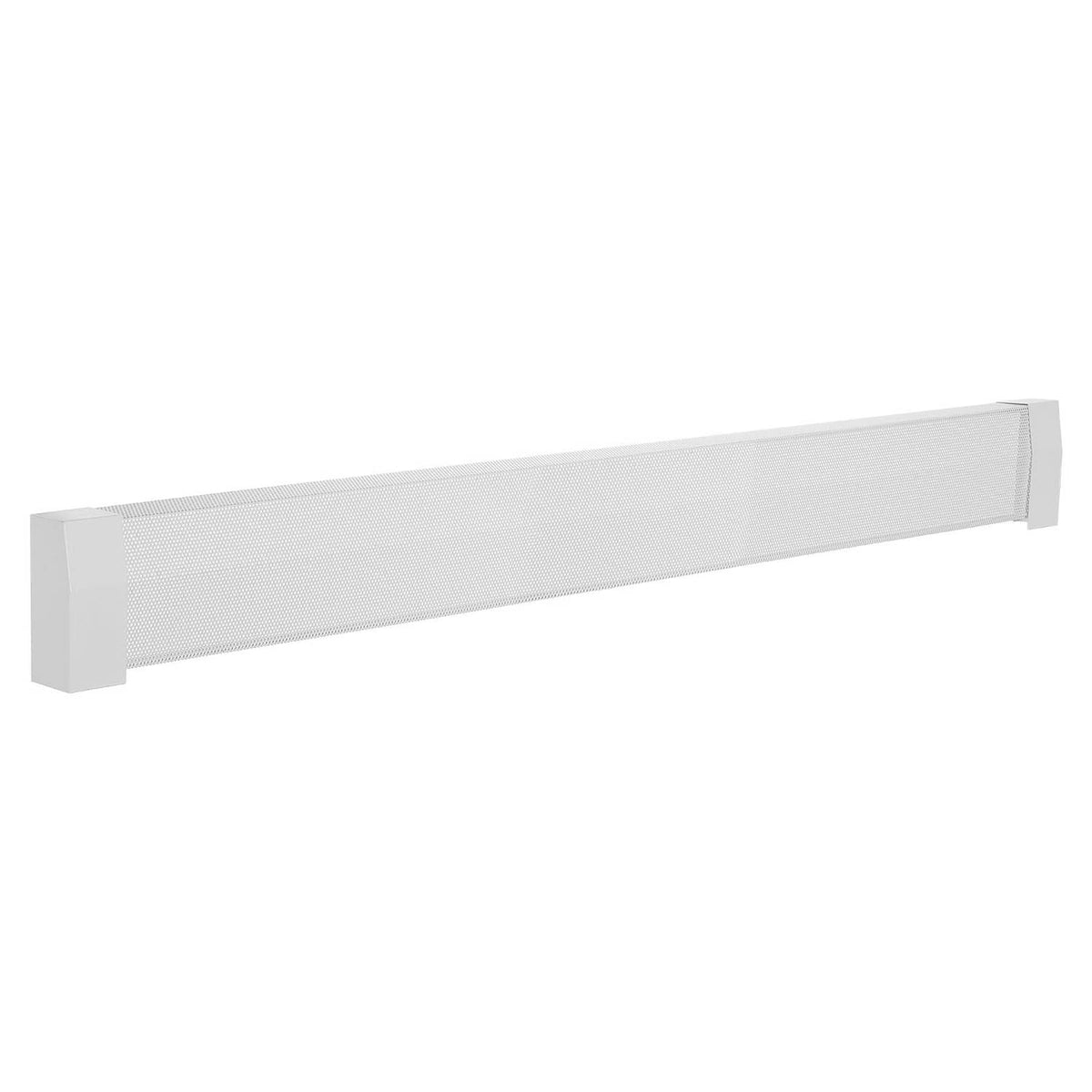 White baseboard heater cover with rectangular mesh panel and side end sections