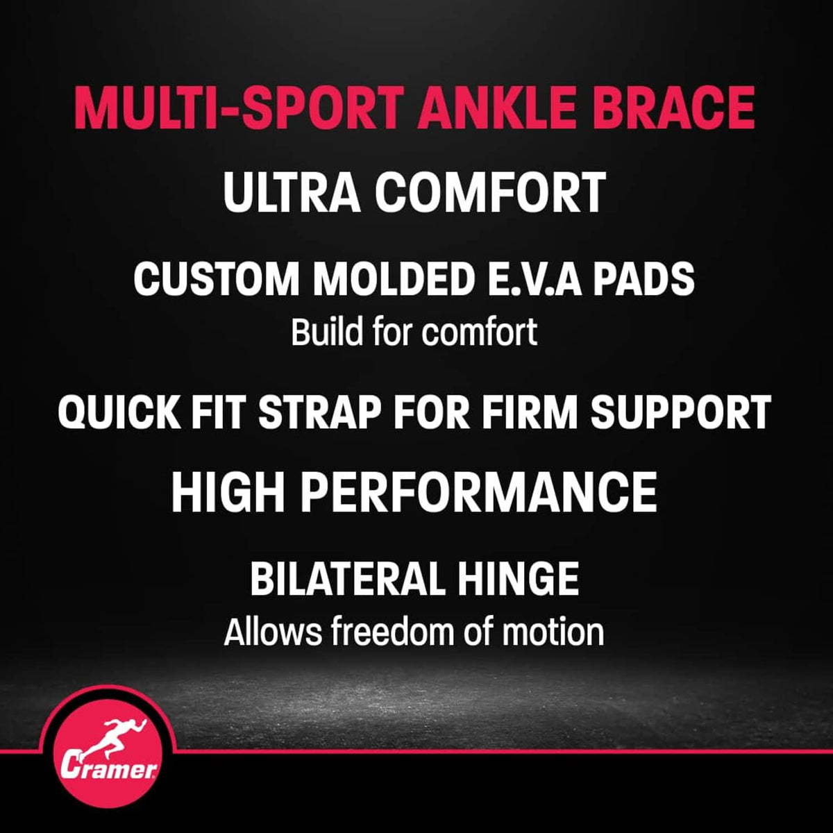 Black ankle brace with bilateral hinge and molded padding, front view