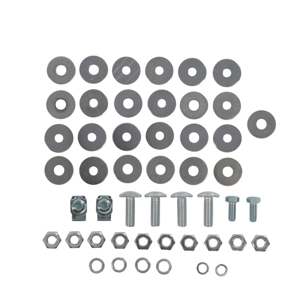 Transmission skid plate mounting hardware set: washers, bolts, and nuts