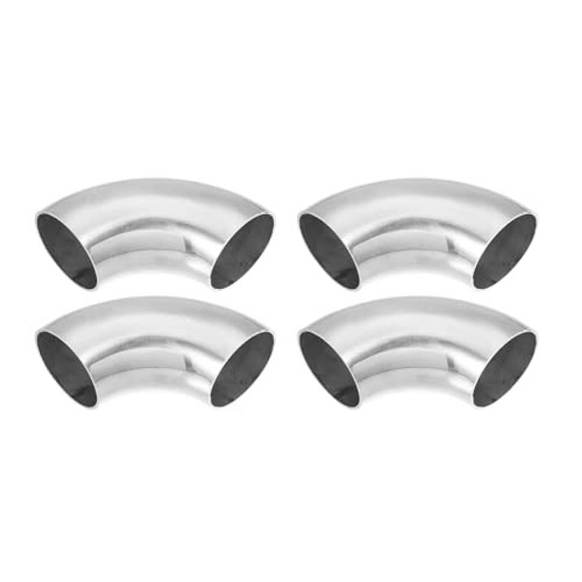 Set of four stainless steel 90-degree exhaust elbow bend pipes, shiny silver