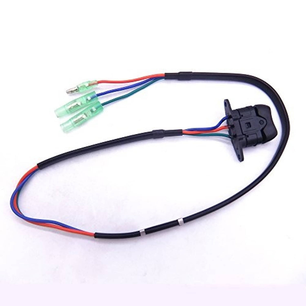 Black wiring harness loop with switch housing and green translucent connectors on colored leads