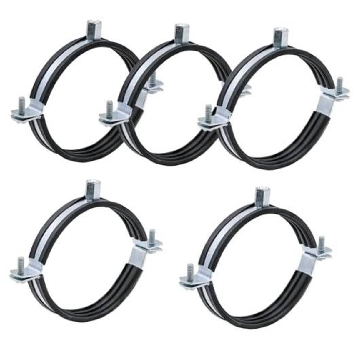5-pack split ring pipe hangers, black rubber with galvanized mounting brackets