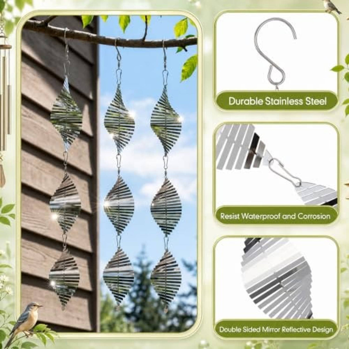 Stainless steel bird deterrent wind spinners with reflective mirror finish