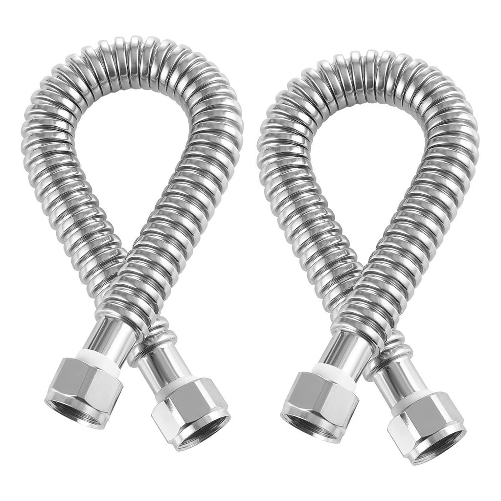 Stainless steel flexible water heater connector hoses with hex nut fittings, two-pack